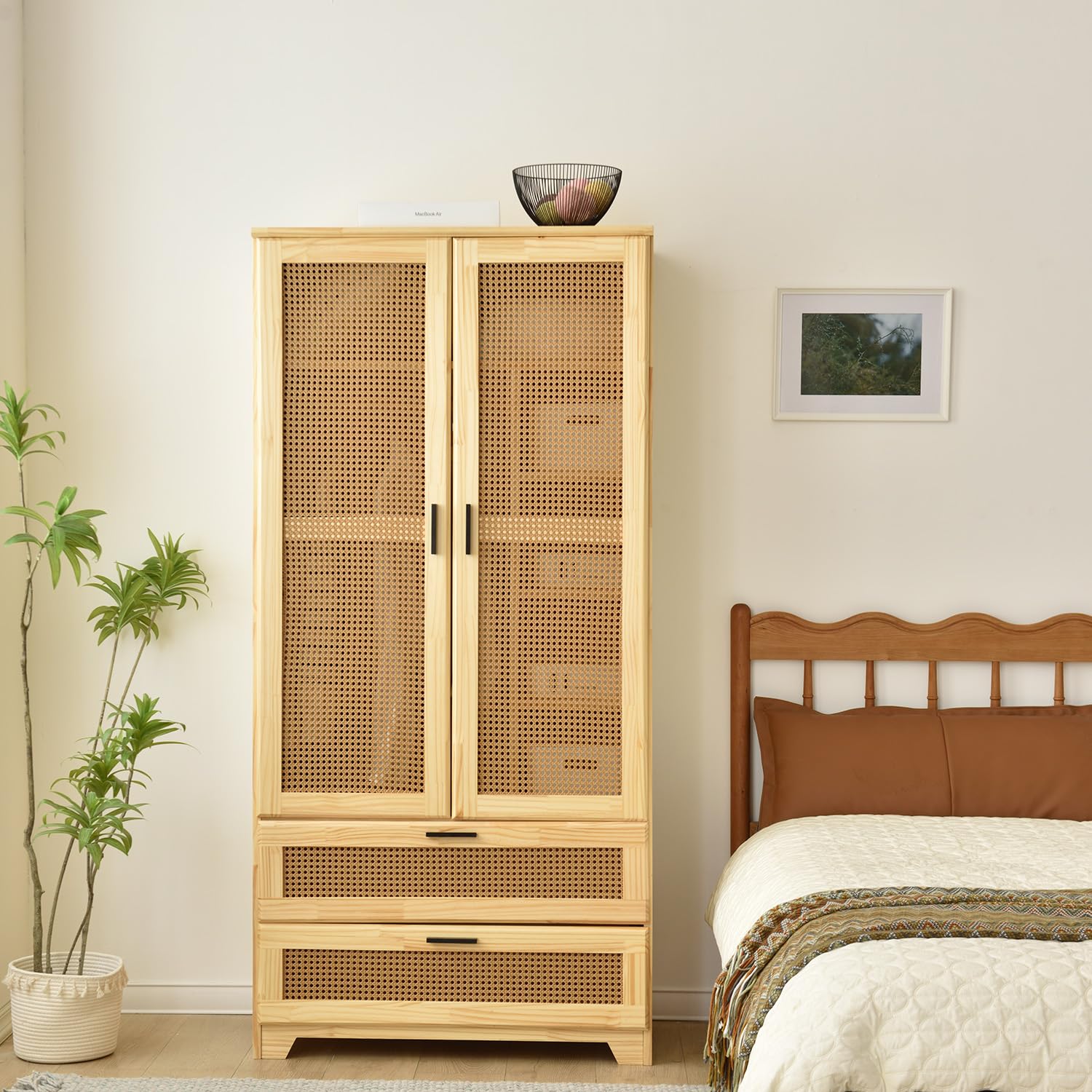 Amazon.com: Pine Wood Closet with Rattan Doors and Two Drawers